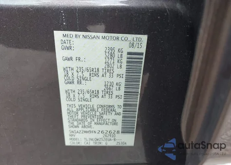 2015 Nissan Murano Sv from USA, damaged, VIN 5N1AZ2MH9FN262628